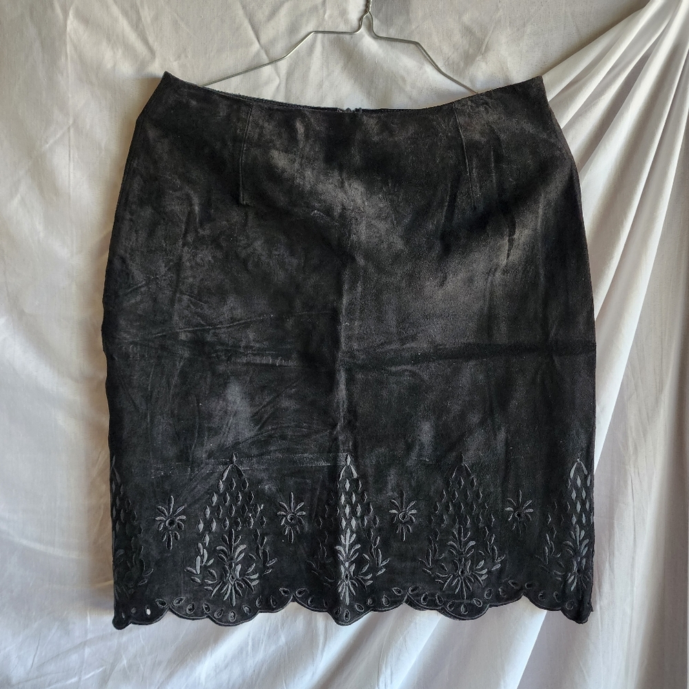 Jennifer Max Embroidered Black Suede Skirt
